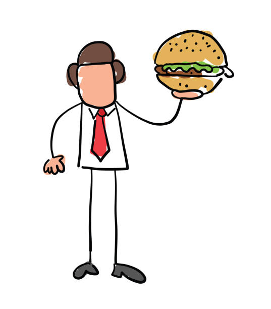 illustrazioni stock, clip art, cartoni animati e icone di tendenza di carattere uomo d'affari senza volto disegnato a mano che tiene il fast food hamburger. - white food and drink industry hamburger cheeseburger