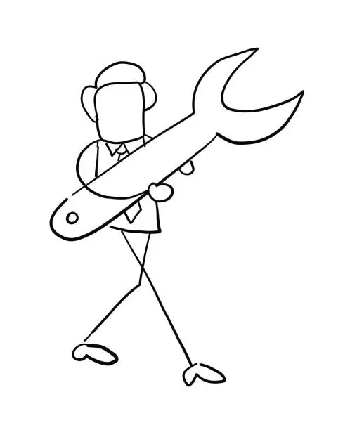 Vector illustration of Quick hand drawn faceless businessman character walking and holding spanner.