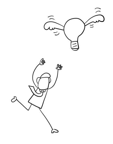 Vector illustration of Quick hand drawn faceless businessman character running to catch flying light bulb idea.