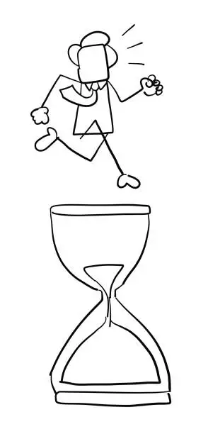 Vector illustration of Quick hand drawn faceless businessman character running on sand watch.