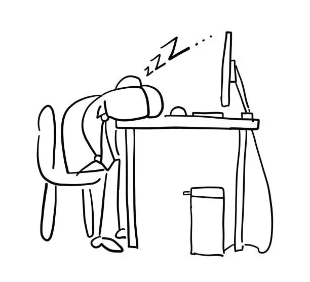 Vector illustration of Quick hand drawn faceless businessman character tired and sleeping on computer desk.