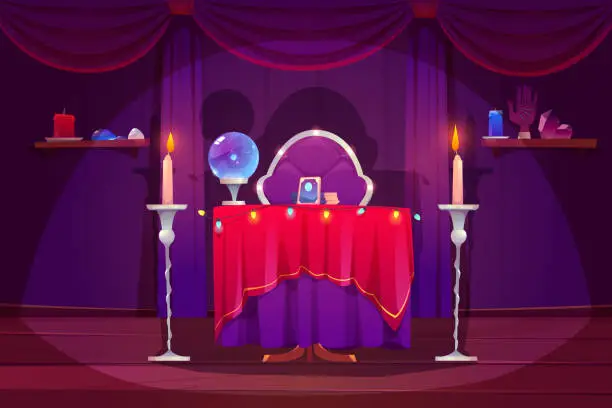 Vector illustration of Fortune teller room with magic ball, tarot cards