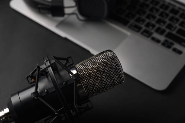 istock Blogging, podcasts, streams and broadcast, background. Black studio microphone on a laptop on a black background 1202650242