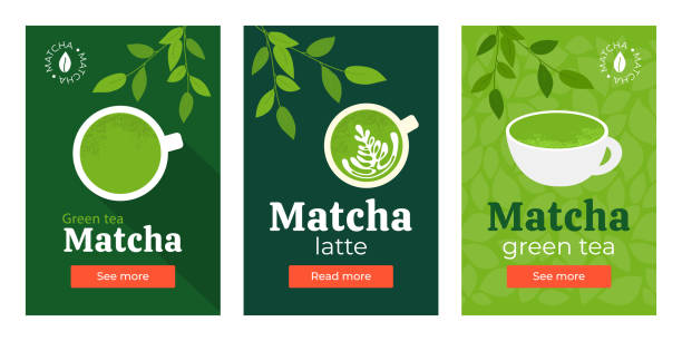Set of banners with green tea matcha Set of banners with сups of green tea matcha, latte. Vector illustration of healthy Japanese beverage made from ground powder. Branches of tea plant with leaves. Backgrounds for poster, flyer, web, ad milk tea logo stock illustrations