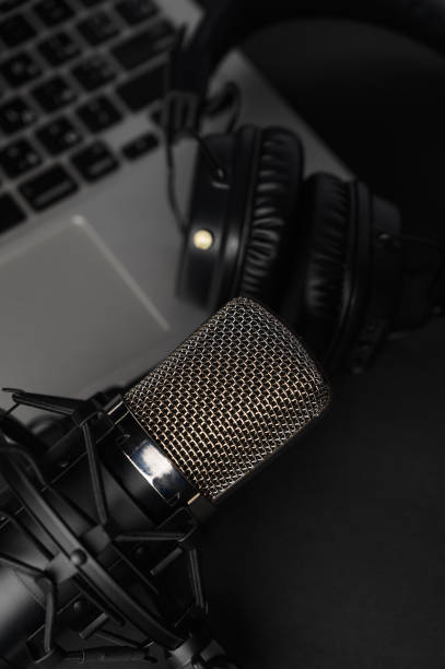 istock Blogging, podcasts, streams and broadcast, background. Black studio microphone on a laptop on a black background 1202651560