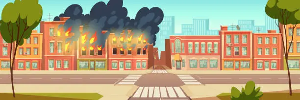 Vector illustration of Fire in city house, burning building cartoon