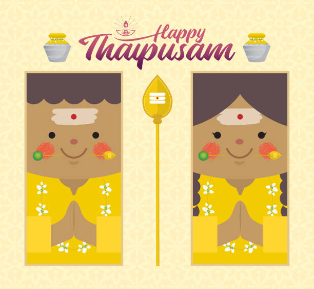 ilustrações de stock, clip art, desenhos animados e ícones de thaipusam / thaipoosam - cartoon indian prayer with vel spear flat design - thaipusam kavadi