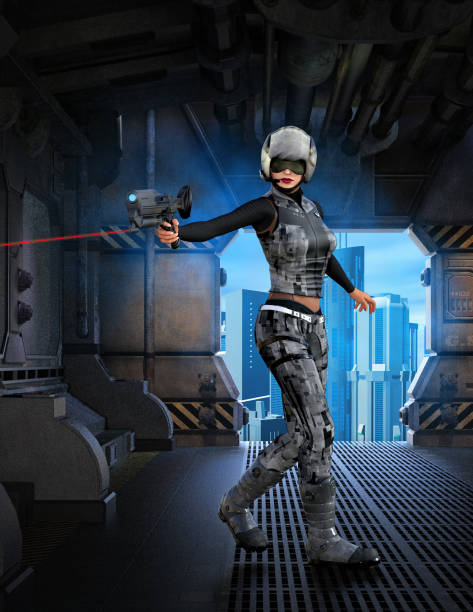 istock Futuristic woman soldier inside a space base, 3d illustration 1202658159