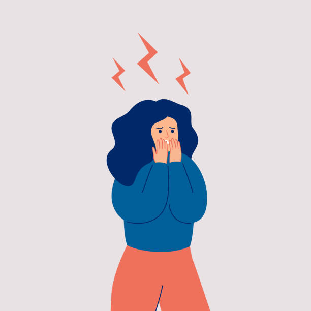 The young woman is in stress. The young woman is in stress. Woman in shock, and lightning over her. Vector flat illustration terrified stock illustrations
