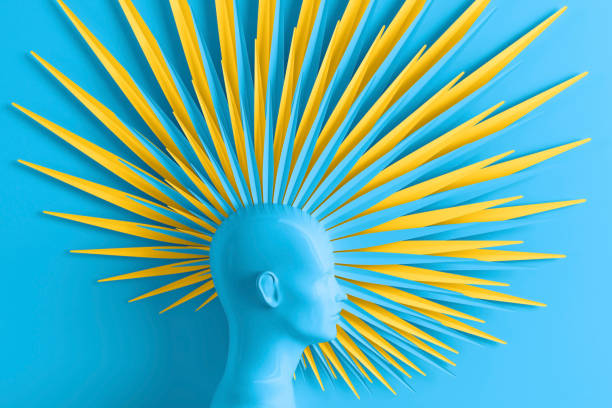 istock Creative blue background with three-dimensional head of a young woman in profile with stylized Mohawk hairstyle. 3D illustration 1202662957