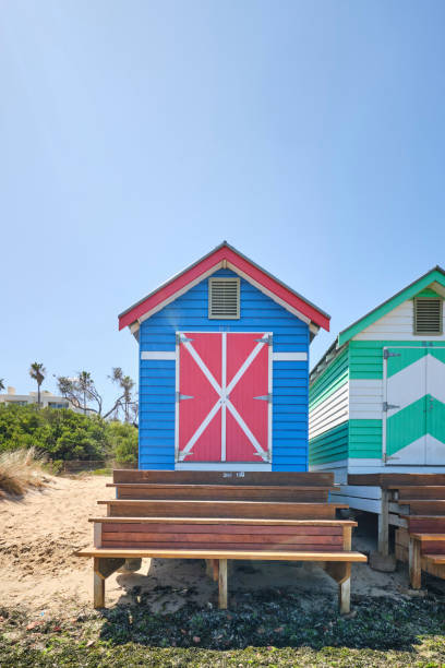 Colourful and unique designs on the Brighton Beach beach huts outside Melbourne, Victoria.