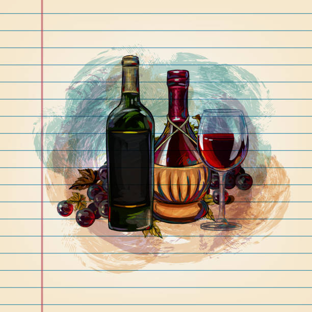 Grapes and wine Bottle Drawing on Ruled Paper Drawing of Grapes and wine Bottle in watercolour style on ruled paper. Elements are grouped.contains eps10 and high resolution jpeg. ruled stock illustrations