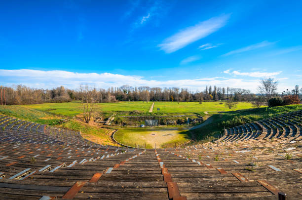 View of Hellenistic Theater at the archaeological site of Dion Pieria Greece, December 27 2019-View of Hellenistic Theater at the archaeological site of Dion situated in the northern foothills of Mount Olympus. Pieria, Macedonia, Greece katerini greece photos stock pictures, royalty-free photos & images