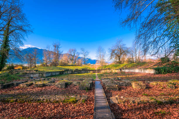 View at the ancient Roman theater at the Archaeological Site of Dion. Pieria Greece, December 27 2019-View at the ancient Roman theater at the Archaeological Site of Dion. Pieria, Macedonia, Greece katerini greece photos stock pictures, royalty-free photos & images