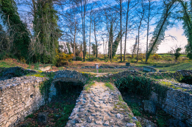 View at the ancient Roman theater at the Archaeological Site of Dion. Pieria Greece, December 27 2019-View at the ancient Roman theater at the Archaeological Site of Dion. Pieria, Macedonia, Greece katerini greece photos stock pictures, royalty-free photos & images