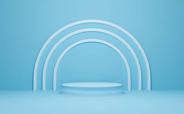 Abstract pastel geometric shape group set background. 3D blue and white podium scene with pedestal. Empty showcase for advertising. Minimal 3d render design for display product and banner on website.