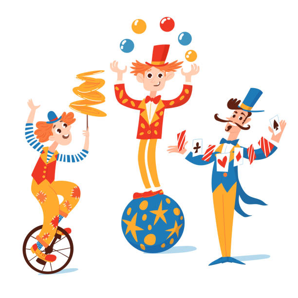 Circus vector character set with clown and magician and acrobat vector art illustration