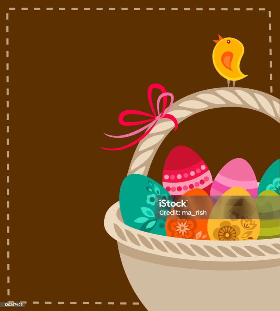 Tarjeta de Pascua-una canasta con huevos de colores y bird - arte vectorial de Cesta de pascua libre de derechos