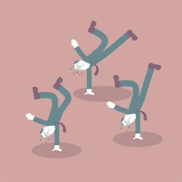 Vector illustration of Three men are dancing hip-hop. The background is brown.