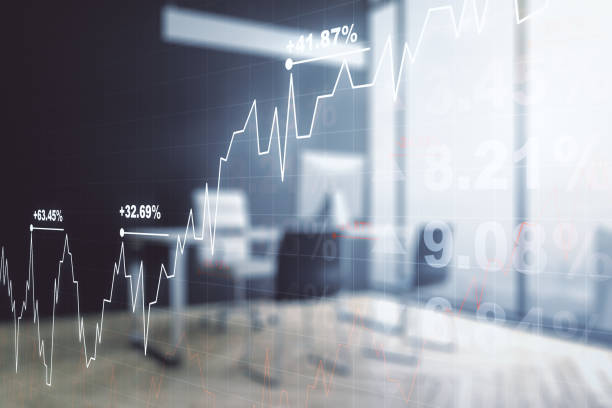 Growing financial chart on desktop background with computer. Multi exposure. Forex market concept