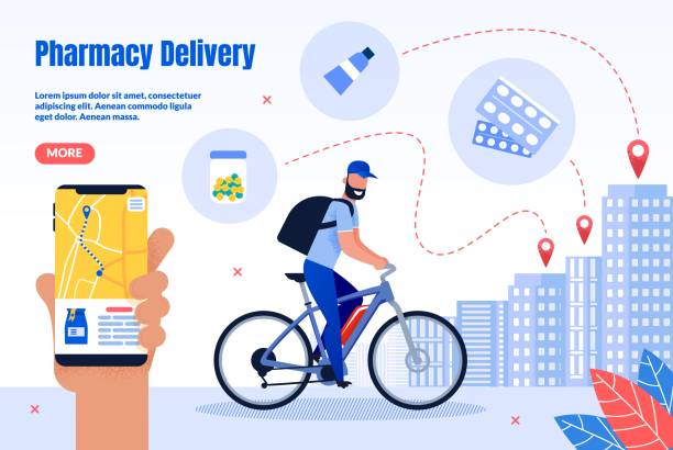 Pharmacy Courier Delivery Service Vector Webpage Pharmacy Courier Delivery Service Trendy Flat Vector Web Banner, Landing Page Template. Male Deliveryman Riding Bicycle, Delivering Medicines, Pharmaceutical Products Customers in City Illustration bike hand signals stock illustrations