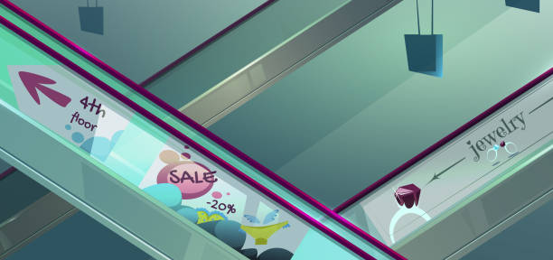 ilustrações de stock, clip art, desenhos animados e ícones de vector escalators in mall with advertising - escalator shopping mall shopping transparent