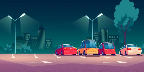 Vector illustration of Cars on city street parking at night