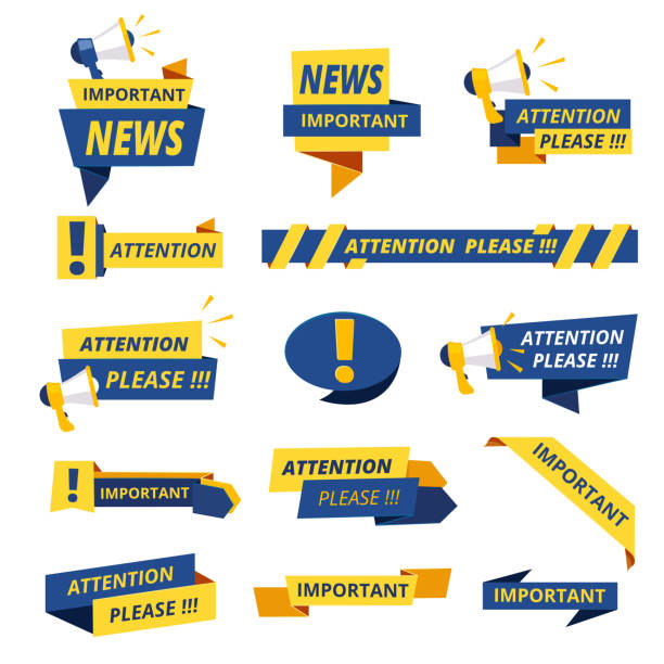 Important badges. Attention notice announcement stickers vector collection stylized promotional graphics Important badges. Attention notice announcement stickers vector collection stylized promotional graphics. Important caution exclamation, badge message importance illustration important message stock illustrations