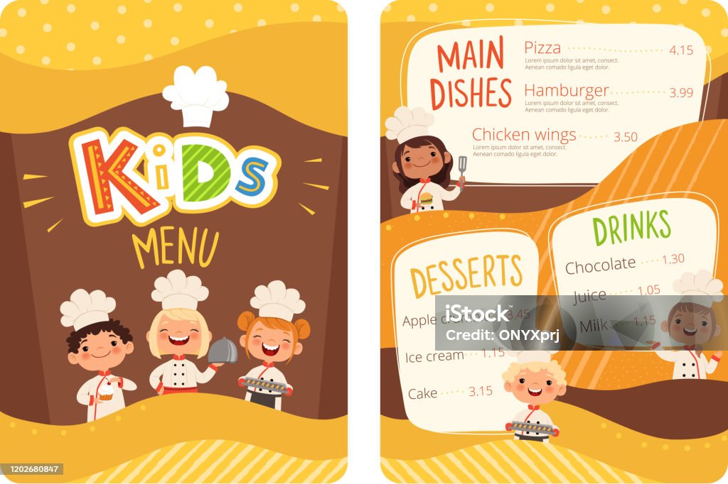 Kids Menu Childrens Cooking Food Little Chef Restaurant Eating Menu For  Little Happy Peoples Vector Cartoon Template Stock Illustration - Download  Image Now - iStock
