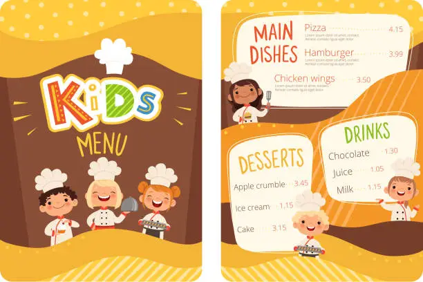 Vector illustration of Kids menu. Childrens cooking food little chef restaurant eating menu for little happy peoples vector cartoon template