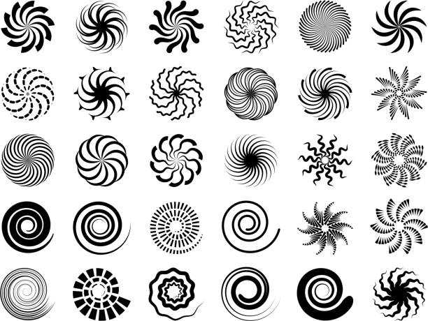 ilustraciones, imágenes clip art, dibujos animados e iconos de stock de remolinos radiales. hypnótico negro formas redondas símbolos redondos conjunto de colección vectorial - scroll shape ornate swirl striped