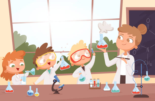 ilustrações, clipart, desenhos animados e ícones de aula de química. meninos e meninas de ciências fazendo testes de pesquisa em desenho de ilustração de fundo de laboratório escolar - scientific experiment scientist research small