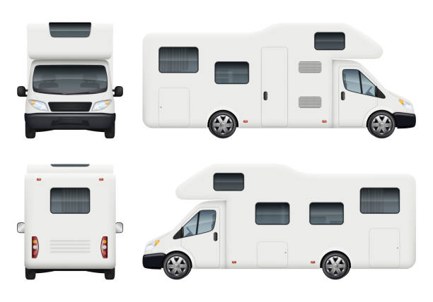 Rv camper. Realistic family camping trailer for travelling and have a rest car back top and front sides view vector set Rv camper. Realistic family camping trailer for travelling and have a rest car back top and front sides view vector set. Camper car, camp vehicle trailer illustration rv stock illustrations