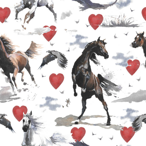 Seamless pattern illustration white and dark brown wild horses and heart on the white background Hand drawn watercolor cute cartoon  seamless pattern illustration white and dark brown wild horses and heart on the white background for cloth, linen, wallpaper or other texture. charismatic racehorse stock illustrations