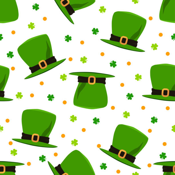 ilustrações de stock, clip art, desenhos animados e ícones de st. patrick's day seamless pattern. green irish hat with clover on white background - textile backgrounds irish culture decoration