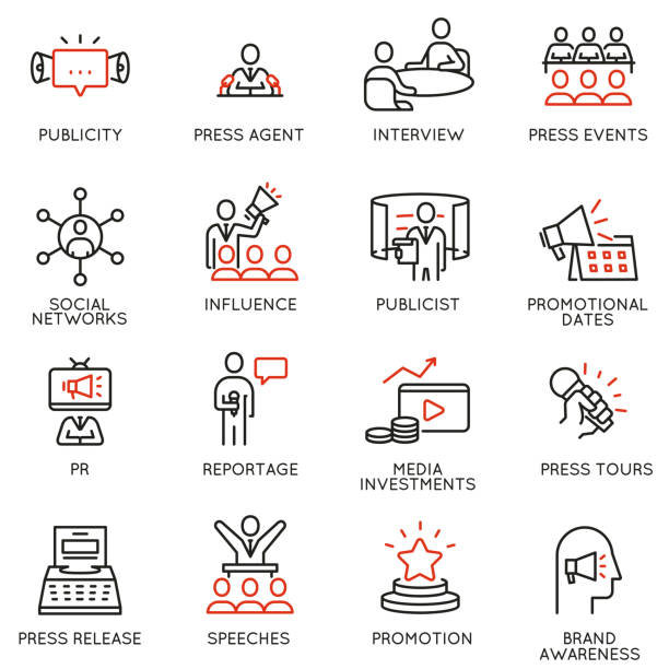 Vector set of linear icons related to public relations, review, journalism, online news. Mono line pictograms and infographics design elements Vector set of linear icons related to public relations, review, journalism, online news. Mono line pictograms and infographics design elements spokesperson stock illustrations