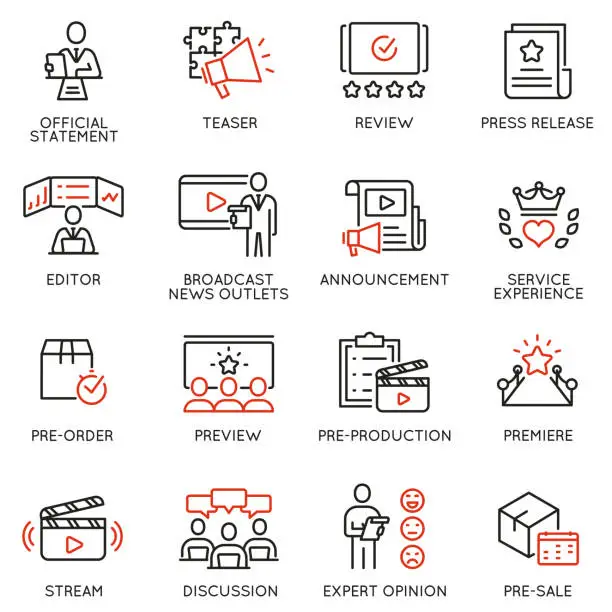 Vector illustration of Vector set of linear icons related to announcement, pre-order, preview and discussion. Mono line pictograms and infographics design elements