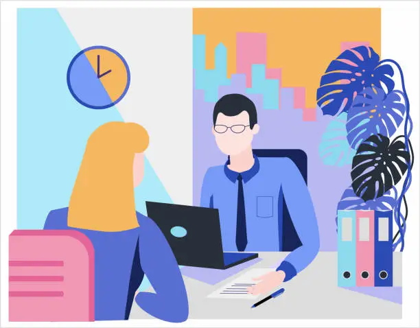 Vector illustration of Flat style illustration. Consultation, employment, interview. Office Workers Meeting.