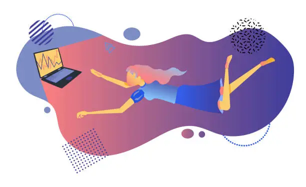 Vector illustration of A girl hovering in the air with a laptop.