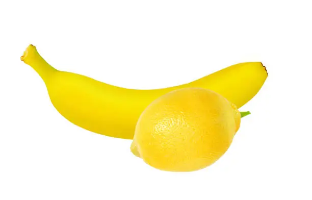 Photo of Sweet fresh yellow banana fruit iand whole lemon solated on white for design packaging