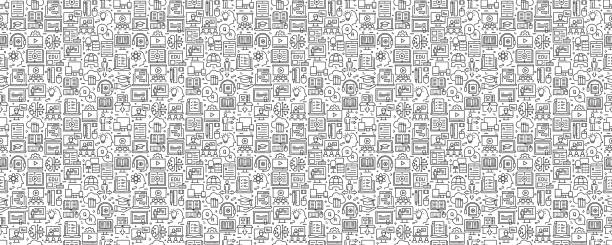 E-Learning Seamless Pattern and Background with Line Icons E-Learning Seamless Pattern and Background with Line Icons laptop patterns stock illustrations