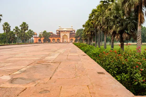 Photo of Main Building of the tomb of Akbar the Great in Agra on overcast day