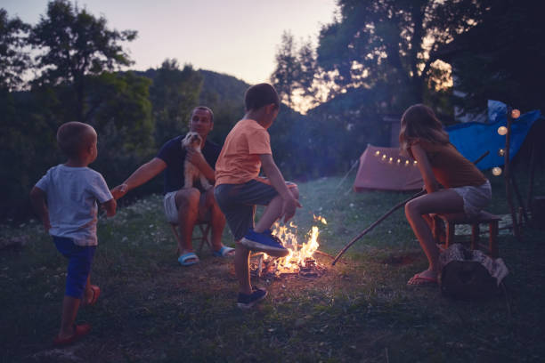 istock Father with children making a camping fire in the backyard. 1202687960