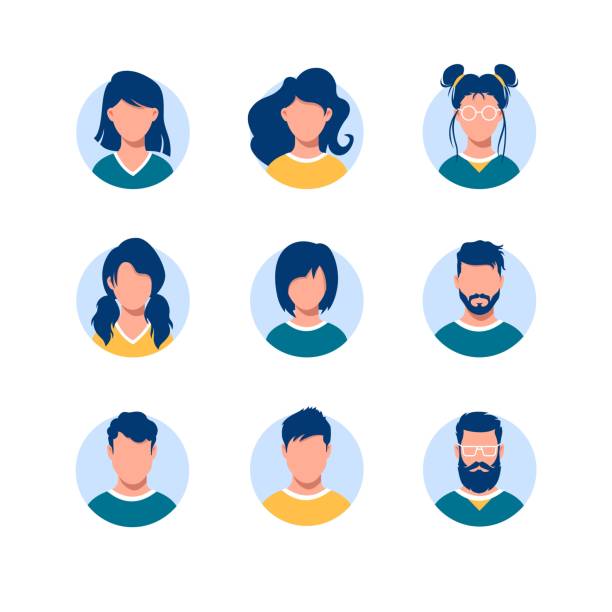 Bundle of round people avatars Bundle of round people avatars. Collection of portraits of men and women with different hairstyles in circular frames isolated on white background. Modern vector illustration in flat cartoon style. teenager boy haircuts stock illustrations