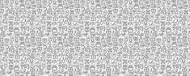 Law and Justice Related Seamless Pattern and Background with Line Icons