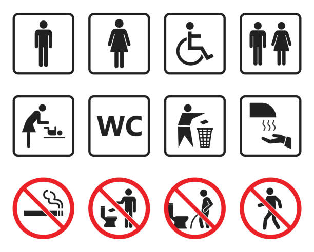 wc toilet sign set, restroom icons and prohibited symbols toilet icons set, restroom wc signs and prohibited symbols bathroom clipart stock illustrations