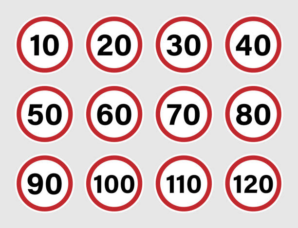 znak drogowy z ograniczeniem prędkości ustawiony z czerwoną krawędzią - kilometers per hour stock illustrations