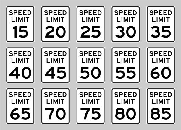 USA speed limit road sign set fro 15 to 85 mph speed limit road sign set for USA limit stock illustrations