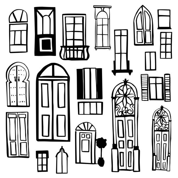 Doors and windows . Vector  illustration. Hand drawn doors and windows . Vector sketch  illustration. door illustrations stock illustrations