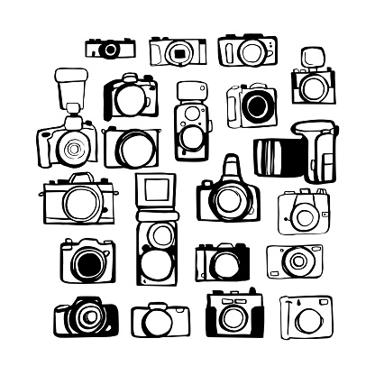 Hand drawn cameras. Vector sketch  illustration.